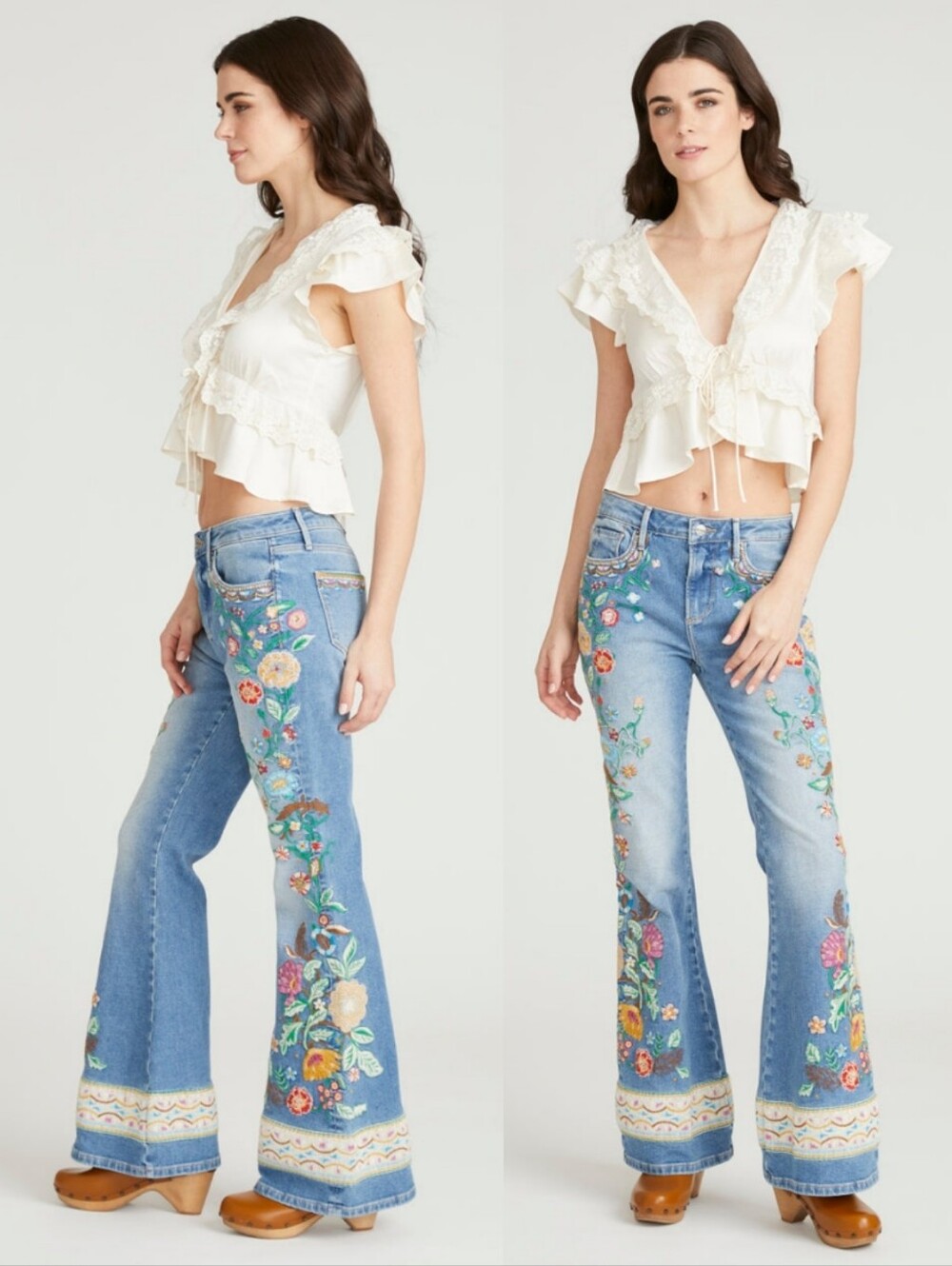 NWT Free People Driftwood Farrah Gardenia Embroidered Flare Jeans - Picture 3 of 11